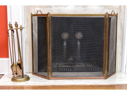 Vintage Brass Fire Screen & Tools