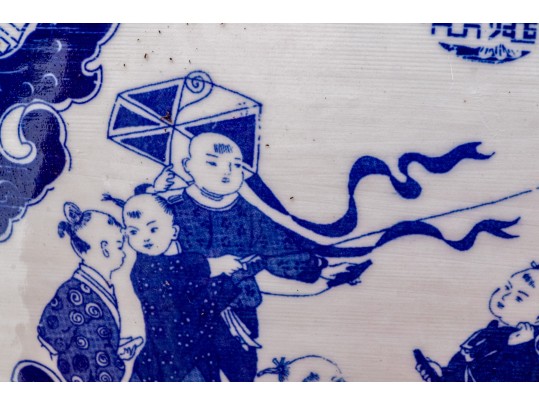 Large Blue And White Asian Porcelain Koi Jardiniere On Wood Stand