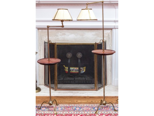 Two Sculptural Brass And Wood Floor Lamps 