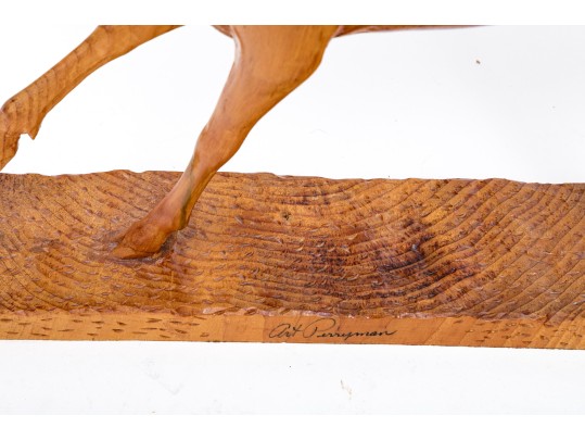 Art Perryman Signed Wood Carving Of A Stag Leaping With Base