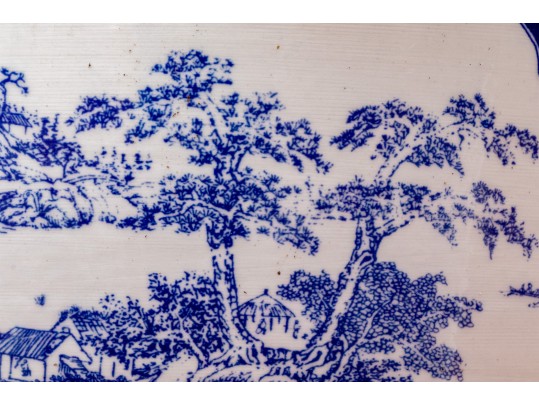 Large Blue And White Asian Porcelain Koi Jardiniere On Wood Stand