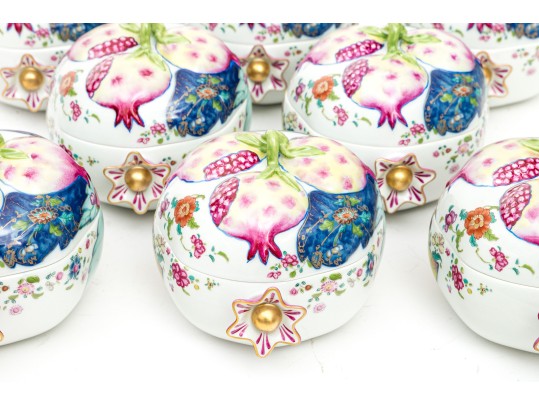Set Of Eight Mottahedeh Chinese Export Tobacco Leaf Pattern Pomegranate Form Lidded Bowls
