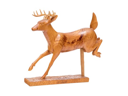 Art Perryman Signed Wood Carving Of A Stag Leaping With Base