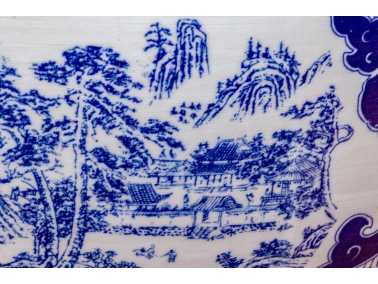 Large Blue And White Asian Porcelain Koi Jardiniere On Wood Stand