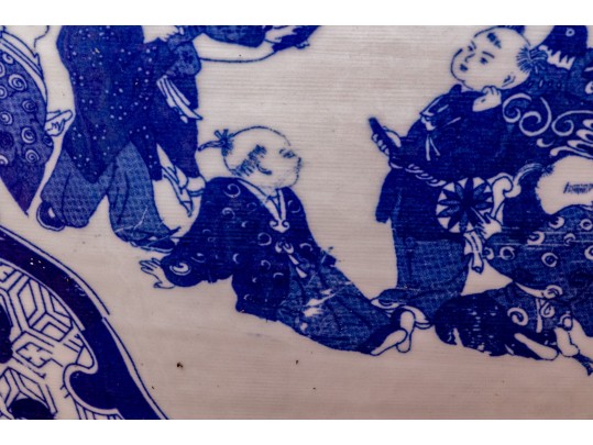 Large Blue And White Asian Porcelain Koi Jardiniere On Wood Stand