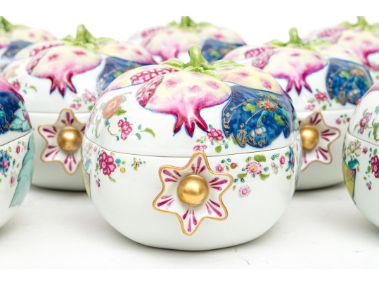 Set Of Eight Mottahedeh Chinese Export Tobacco Leaf Pattern Pomegranate Form Lidded Bowls