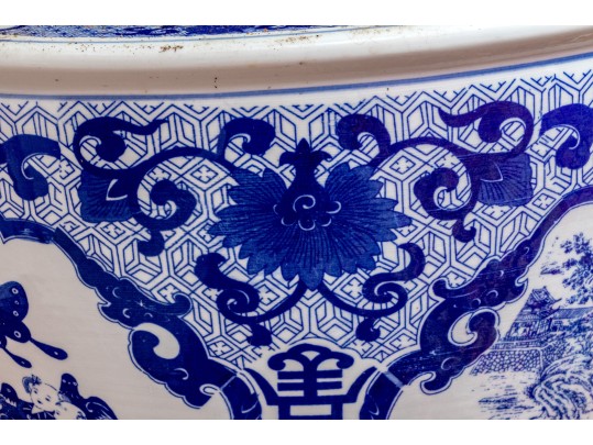 Large Blue And White Asian Porcelain Koi Jardiniere On Wood Stand