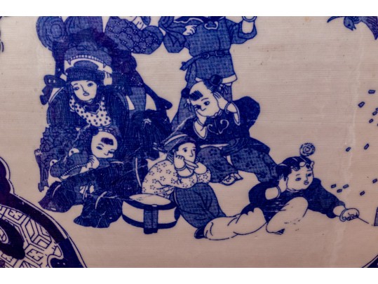 Large Blue And White Asian Porcelain Koi Jardiniere On Wood Stand