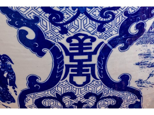 Large Blue And White Asian Porcelain Koi Jardiniere On Wood Stand