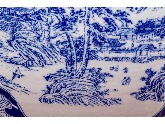 Large Blue And White Asian Porcelain Koi Jardiniere On Wood Stand