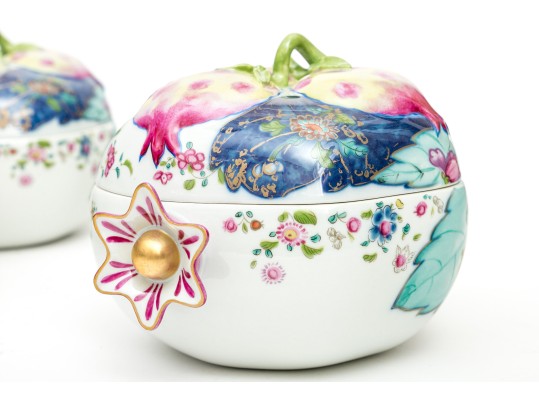 Set Of Eight Mottahedeh Chinese Export Tobacco Leaf Pattern Pomegranate Form Lidded Bowls