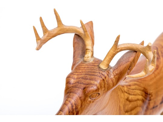 Art Perryman Signed Wood Carving Of A Stag Leaping With Base