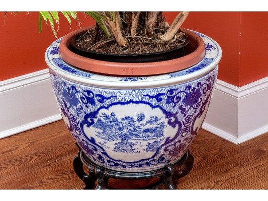 Large Blue And White Asian Porcelain Koi Jardiniere On Wood Stand