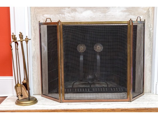 Vintage Brass Fire Screen & Tools