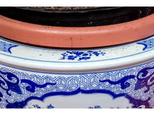 Large Blue And White Asian Porcelain Koi Jardiniere On Wood Stand