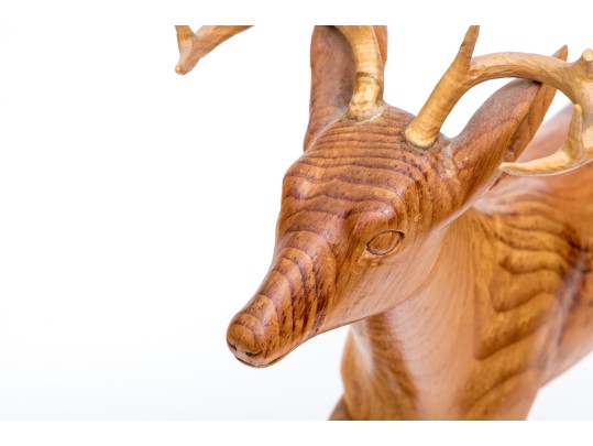 Art Perryman Signed Wood Carving Of A Stag Leaping With Base