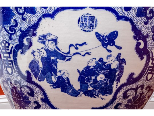 Large Blue And White Asian Porcelain Koi Jardiniere On Wood Stand