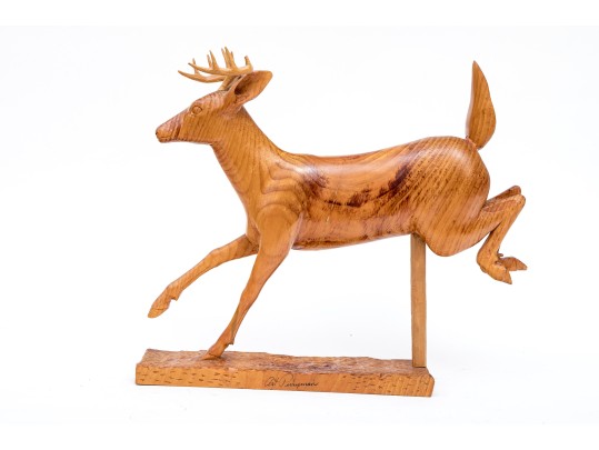 Art Perryman Signed Wood Carving Of A Stag Leaping With Base