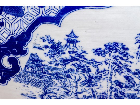 Large Blue And White Asian Porcelain Koi Jardiniere On Wood Stand