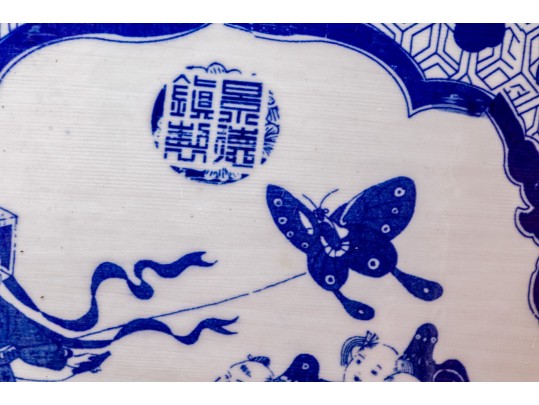 Large Blue And White Asian Porcelain Koi Jardiniere On Wood Stand