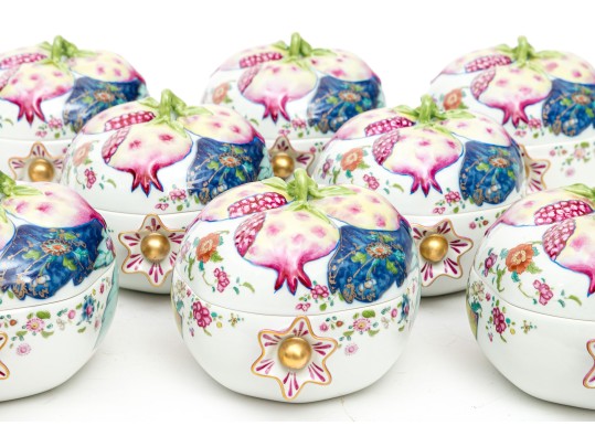 Set Of Eight Mottahedeh Chinese Export Tobacco Leaf Pattern Pomegranate Form Lidded Bowls