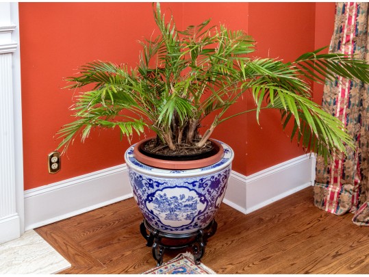 Large Blue And White Asian Porcelain Koi Jardiniere On Wood Stand