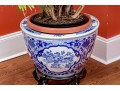 Large Blue And White Asian Porcelain Koi Jardiniere On Wood Stand