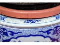 Large Blue And White Asian Porcelain Koi Jardiniere On Wood Stand