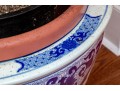 Large Blue And White Asian Porcelain Koi Jardiniere On Wood Stand