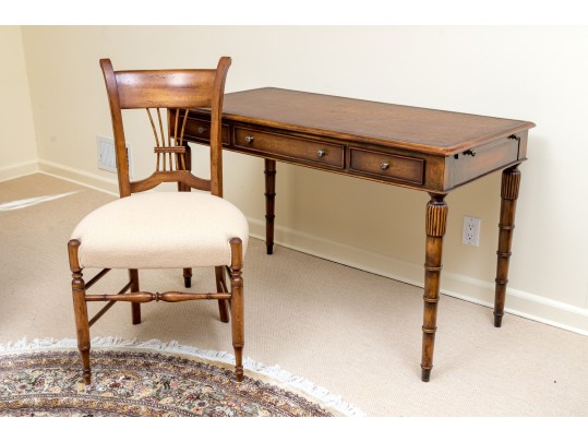 Theodore Alexander Chinoiserie Walnut And Leather Writing Desk With Baker Chair
