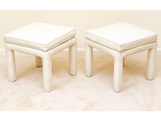 Mid-Century Modern White Leather Upholstered Stools Attributed To Drexel 