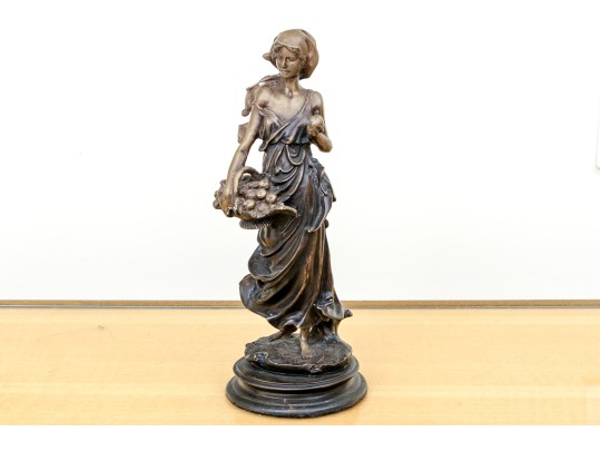 Vintage Arteriors Bronze Sculpture Of A Lady Carrying Fruit