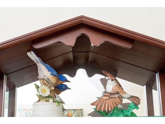 Delightful Wall Mounted Wood And Glass Etagere With Porcelain Birds Including Lenox