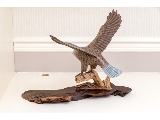 Artisanal Carved And Painted Wood And Stone Sculpture Of An Eagle