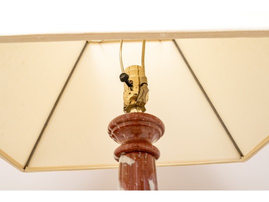 Pair Of Stately Carved Red Marble Table Lamps