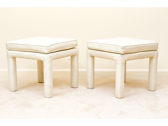 Mid-Century Modern White Leather Upholstered Stools Attributed To Drexel 