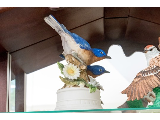 Delightful Wall Mounted Wood And Glass Etagere With Porcelain Birds Including Lenox