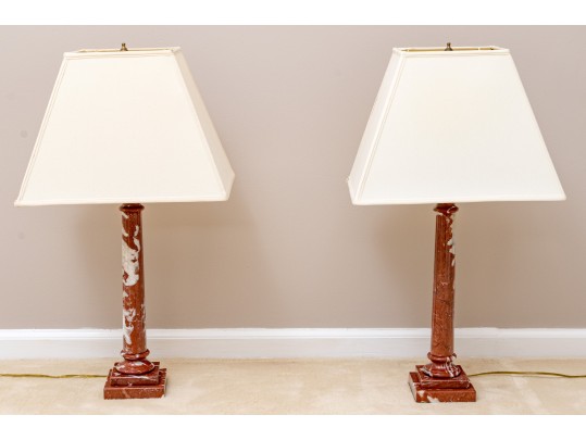 Pair Of Stately Carved Red Marble Table Lamps