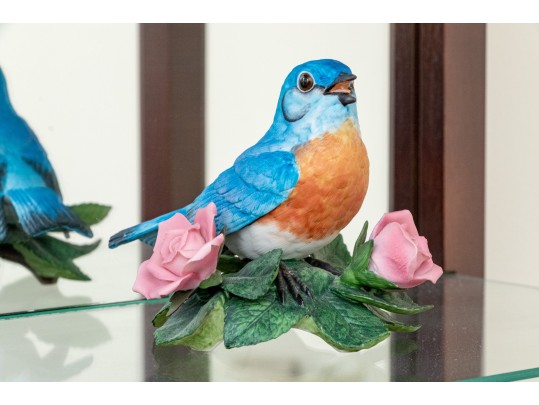 Delightful Wall Mounted Wood And Glass Etagere With Porcelain Birds Including Lenox