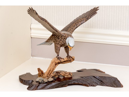 Artisanal Carved And Painted Wood And Stone Sculpture Of An Eagle