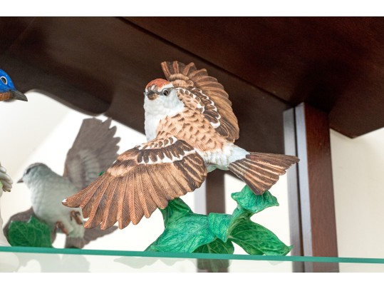 Delightful Wall Mounted Wood And Glass Etagere With Porcelain Birds Including Lenox