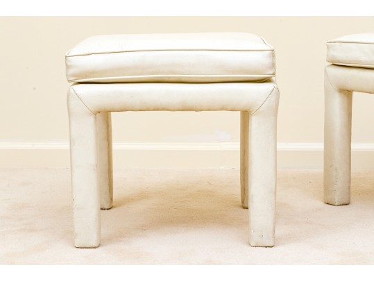 Mid-Century Modern White Leather Upholstered Stools Attributed To Drexel 
