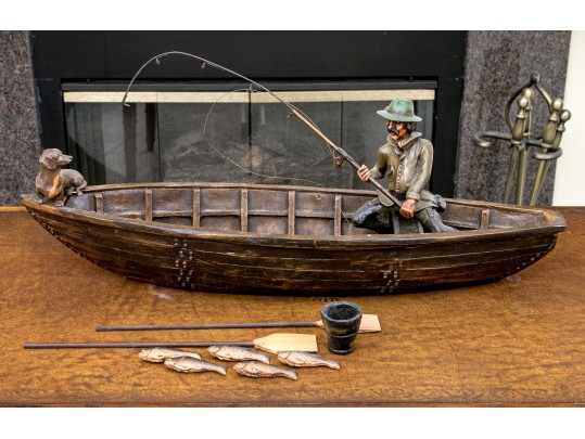 Awesome Artisanal Sculpture, Fisherman In Fishing Boat
