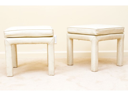 Mid-Century Modern White Leather Upholstered Stools Attributed To Drexel 