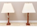 Pair Of Stately Carved Red Marble Table Lamps