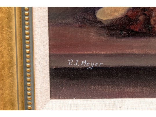 Signed P.J. Meyer Oil On Canvas, Still Life With Red Flowers