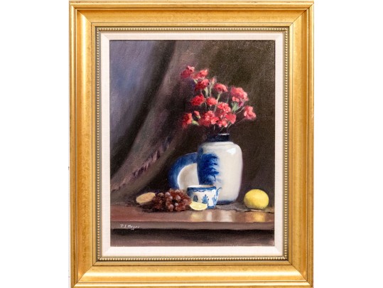 Signed P.J. Meyer Oil On Canvas, Still Life With Red Flowers