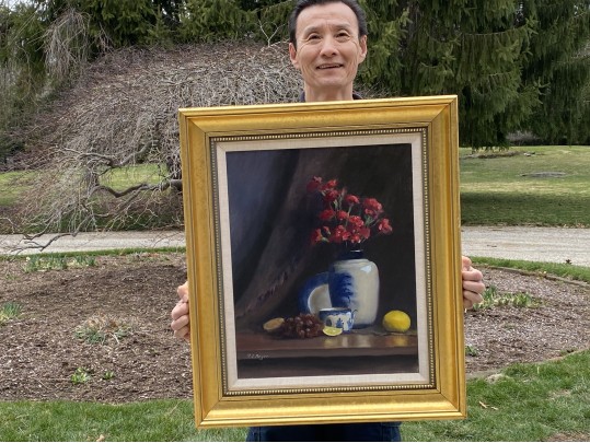 Signed P.J. Meyer Oil On Canvas, Still Life With Red Flowers