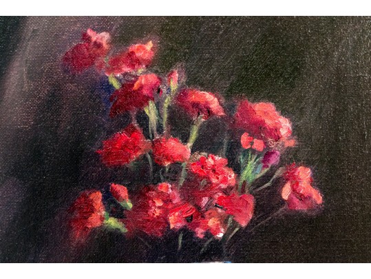 Signed P.J. Meyer Oil On Canvas, Still Life With Red Flowers