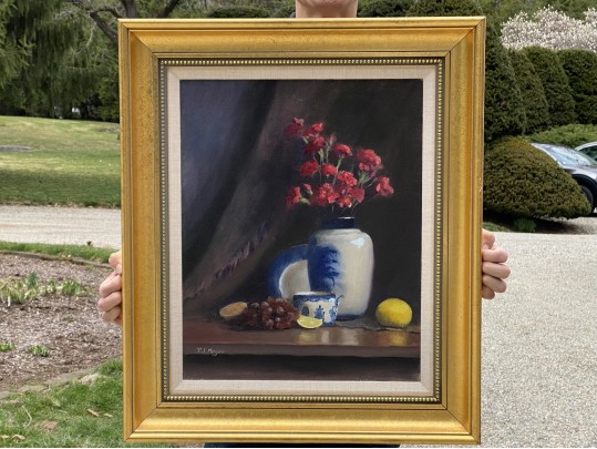 Signed P.J. Meyer Oil On Canvas, Still Life With Red Flowers